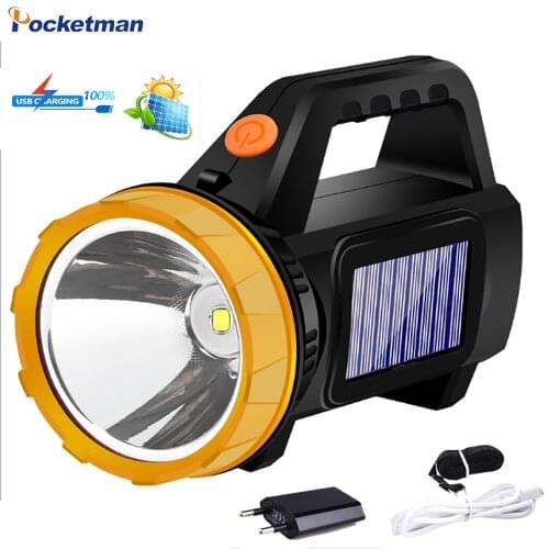 LED Portable Lantern USB Handheld Spotlight Solar Lantern Flashlight Searchlight With Side Light Waterproof 18650 Outdoor