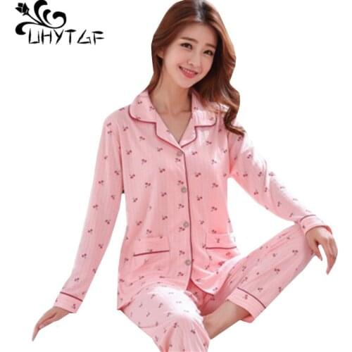 UHYTGF 2 piece spring autumn pajamas women long sleeve printed loose plus size Sleepwear sets female Homewear pijama mujer 1143