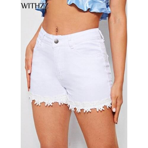 WITHZZ Summer Jeans Womens Fashion White Lace Casual Straight Denim Shorts
