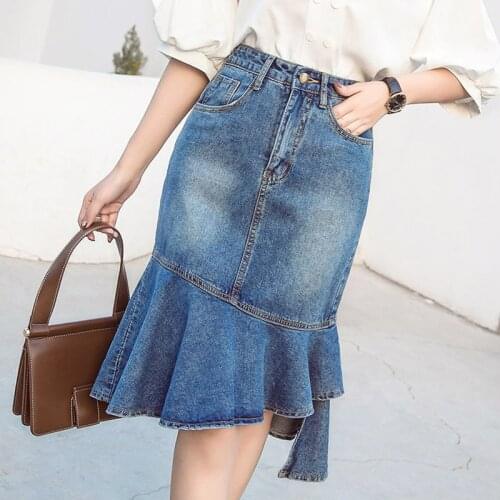 Summer Women Female High Waisted Ruffles Slim Denim Trumpet Skirt , 2019 Womans Stretch Bleached Irregular Pencil Mermaid Skirts
