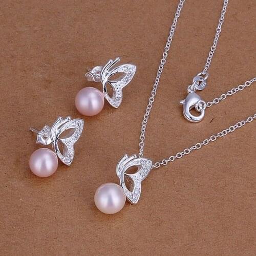 S197 Free Shipping Silver Plated Fashion Jewelry Sets Wholesale Zircon Stone Pink Pearl Butterfly Jewellery Sets