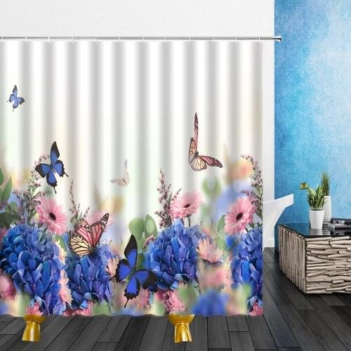 Zen Flowers Shower Curtain Butterfly Color Flower Black Stone 3D Waterproof Polyester Cloth Bathroom Curtains Screen With Hooks