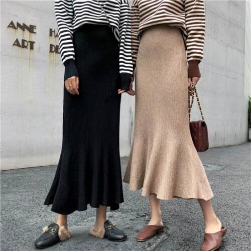 Snordic Women Autumn Winter Elegant Elastic High Waist Long Wrap Fishtail Skirt Ruffle Hem Slim Cut Knitted Jupes