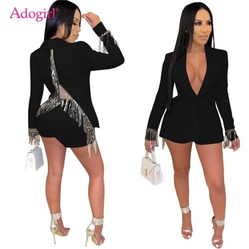 Adogirl Back Slit Tassel Two Piece Set Turn Down Collar Long Sleeve Blazer Coat Top + Shorts Women Business Suit Sexy Outfits