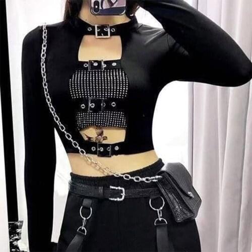 Women Gothic Punk Long Sleeve Crop Top Sexy Hollow Out Buckle Front Slim T-Shirt