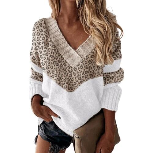 2021 Autumn Women Sweater Color Block Leopard Pattern Winter V Neck Patchwork Knitted Sweater Top Streetwear