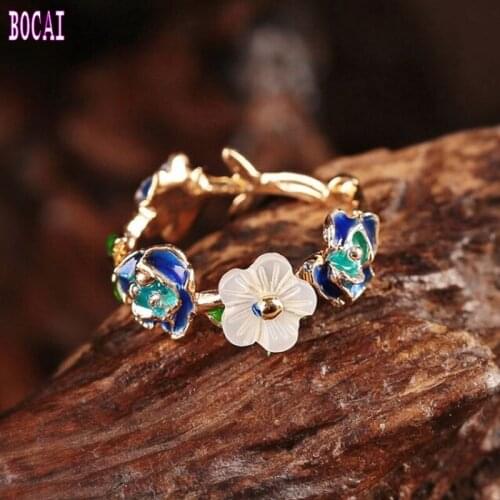 2019 New Chinese style cloisonne fine ring simple open adjustable female ring shell S925 sterling silver jewelry