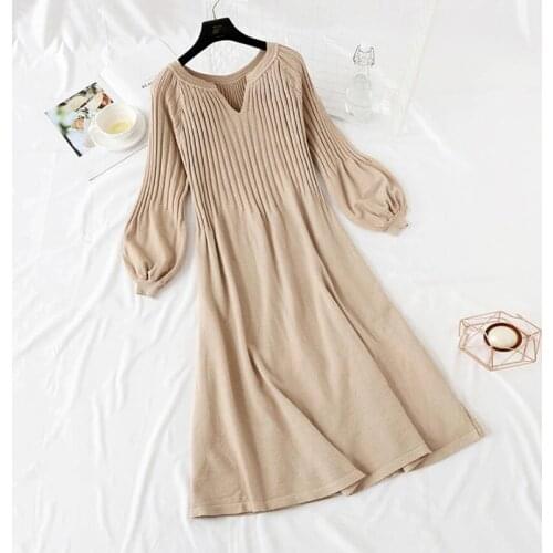 Autumn Winter Women Knitted Sweater Dress 2020 New Korean Lantern sleeve V Neck Elegant Long Dress Ladies Bottoming Loose Dress