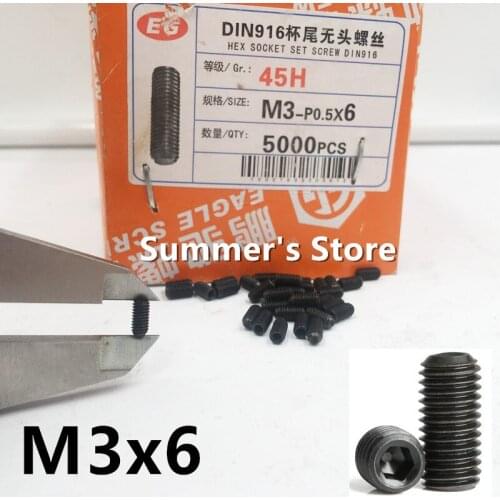 100pcs/lot DIN916 M3*6mm Alloy Steel Grub Screw M3 Hex Socket Head Set Screw M3*6mm black finished screw blot Grade 12.9