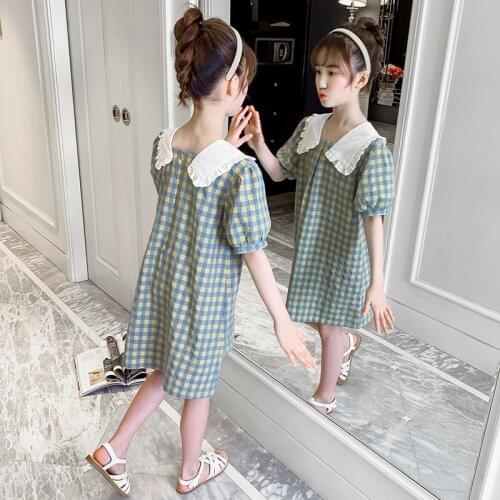 2021 Summer Dress Elegant Puff Sleeve Kids Dresses for Girls Childrens Clothing Plaid Girl Dress Princess Costume 4-12 Years