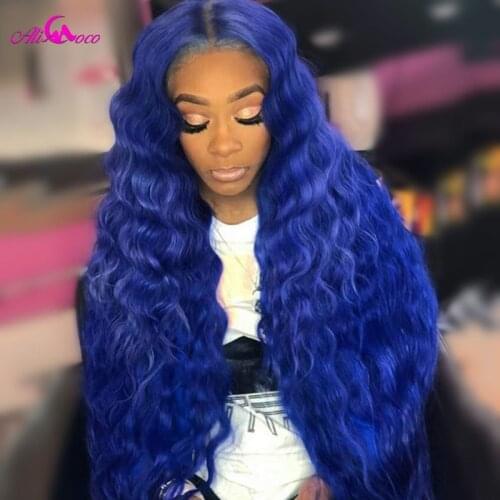 Alicoco Deep Wave Human Hair HD Transparent Lace Frontal Wig Blue Color 613 Blonde Pre Plucked Bleached Knots Remy Lace Wigs