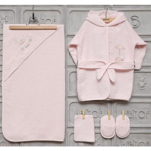 Bebitof Newborn Baby Girls Toddler 100% Cotton Terry Bathrobe & Hooded Towel Set Bathtime Gift Bundle 5 Piece Pink 0 – 24 Month