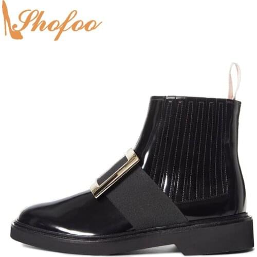 Black Woman Low Square Heels Booties Round Toe Ankle Chelsea Boots Buckle Large Size 10 15 Ladies Fashion Mature Shoes Shofoo