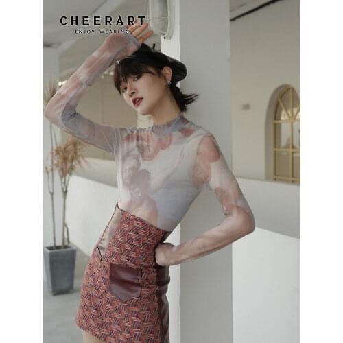 CHEERART Sheer T Shirt Women Turtle Neck Mesh Top Painting Print Long Sleeve Tee Shirt Femme Body Tight Underwear Fall Clothes