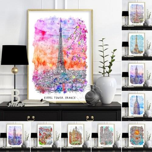 Italy Poland Prints Poster, Watercolor City Wall Art, Paris Tower Wall Picture, New York Buildings Print Poster, UK London, Gift