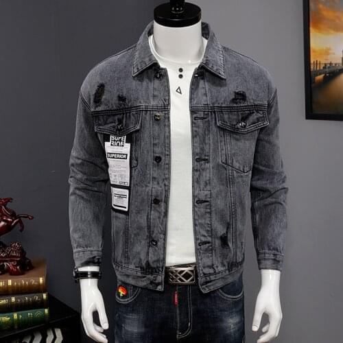 Printed Denim Jacket Men Fashion Loose Coat Streetwear Casual Gray Ripped Outerwear