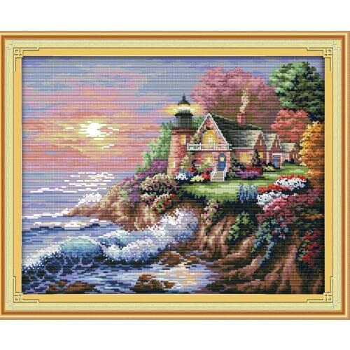 Seaside Lighthouse Scenery Stamped Cross Stitch Kits Home Wall Decor Paintings Handmade Decorative Knitting DIY Embroidery