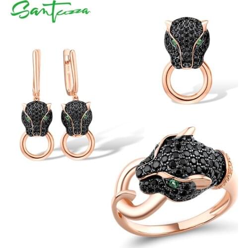 SANTUZZA Jewelry Set For Women 925 Sterling Silver Trendy Panther Ring Earrings Pendant Set Black Green Spinel Fine Jewelry