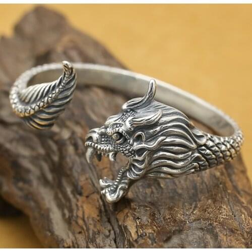 NEW! Real 925 Silver Dragon Cuff Bracelet Vintage Sterling Silver Dragon Man Bangle Punk Jewelry Dragon Bangle