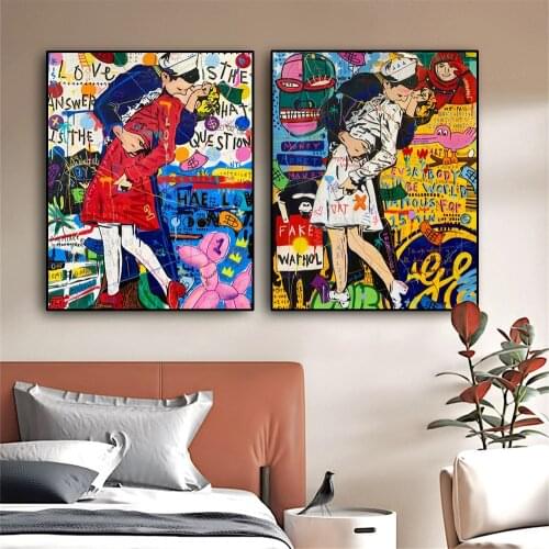 Modern Graffiti Portrait Art Canvas Painting Posters and Prints Wall Art Kiss of the Century Picture for Living Room Wall Decor