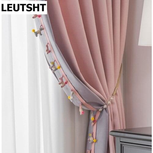 Pink Grey Corduroy Thicker Cutain for Living Room Splice with Beautiful Trojan Lace Cartoon Girls Bedroom Curtains