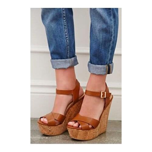 Moraima Snc Newest Brown Leather Platform Wedge Sandals Peep Toe Buckle Strap High Heel Shoes Woman Summer Cutouts Heels