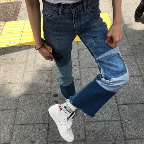 B-TOTO American Street Blue Stitching Jeans Womens Trendy Ins High Waist Slim Straight-leg Pants 2021 New Fashion