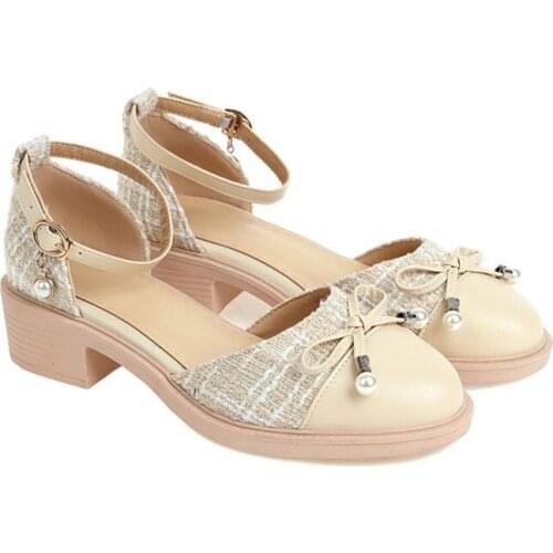 Ochanmeb Chunky Heels Women Brand Plaid Tweed Shoes Woman Sweet Bow Knot Tied Pearls Black Beige Spring Summer Shoes Pumps 34-45