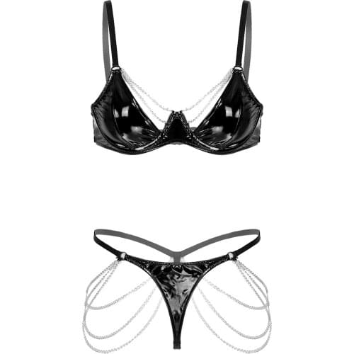 Women Metal Chain Lingerie Set Wetlook Shiny Patent Leather Bra Set Underwear Adjustable Straps Underwire Bra Top with G-string
