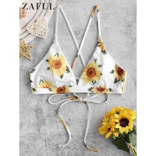 ZAFUL Sunflower Print Lace-up Bikini Top Women Crisscross Swimsuit Bustier Bathing Suit Sexy Floral Female Summer Beach Swimming