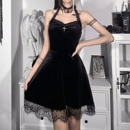 Elegant Hang Neck Sexy Black Dress Strapless High Waist Lace Patchwork Dress with Cross Vintage Gothic Pleated Halter Dress
