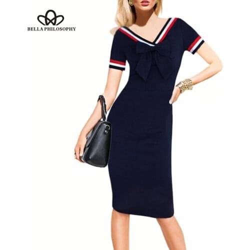 Bella Philosophy Autumn Dress Women Cute Bow Slim European Style Pencil Dress Female Vintage Dots Short Sleeve Vestido