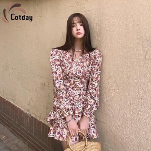 Cotday Sexy V Neck Floral Womens Little Guy All-match 2021 Hot Sale Spring Lady Sweet Ruffle Elegant Clothing Mini Party Dress