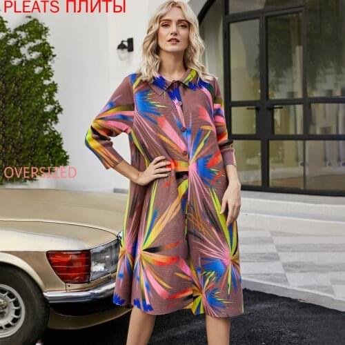 2021 Female Spring and Summer European Beauty Single-breasted Miyake Pleated Dress Fashion Printed A-line Dresses Fashion Shein