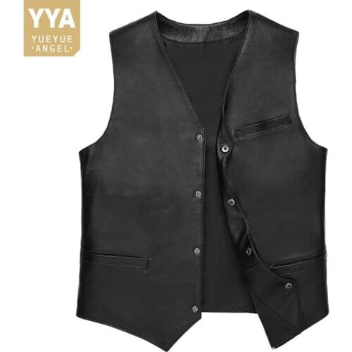 Office Man Business Casual Suit Vest Men Genuine Leather Waistcoat V Neck Single Breasted Slim Fit Sleeveless Jacket Vests Male