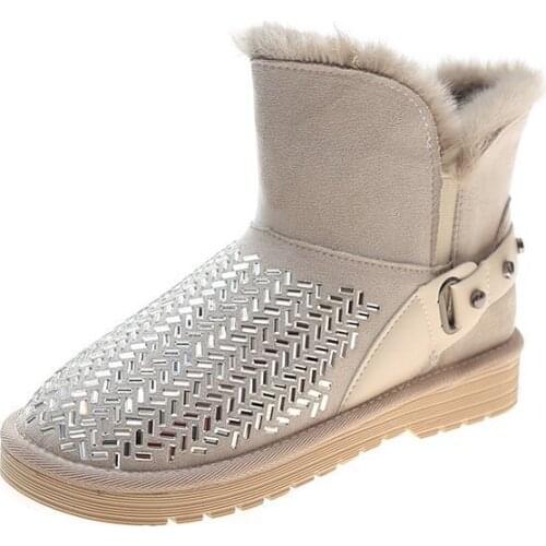 Snow Boots Womens Short Tube Winter Short Boots Non-Slip Warmth Rhinestone Cotton Shoes Women Plus Velvet Thick