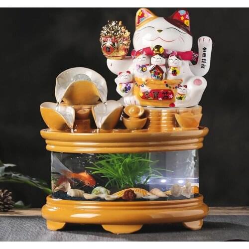 220V Feng Shui Lucky Cat Indoor Water Fountain Creative Desktop Fountains Glass Fish Tank Office Home Decor Living Room Ornament