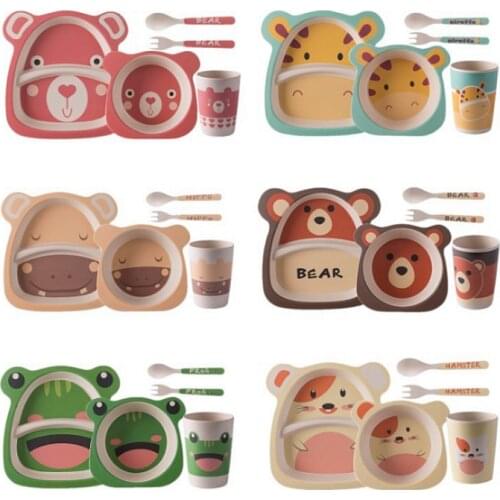5pcs/set Baby Dish Tableware Children Cartoon Feeding Dishes Kids Natural Bamboo Fiber Dinnerware With Bowl Fork Cup Spoon Plate