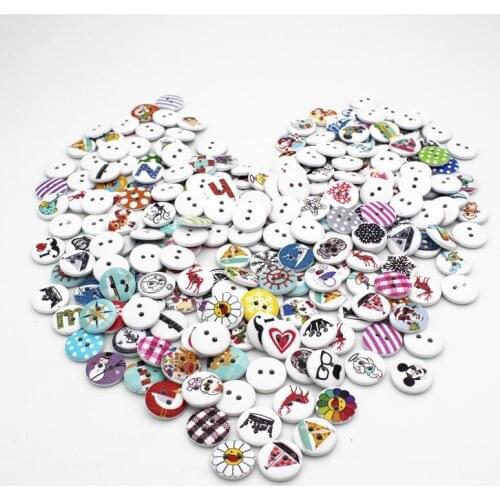 50/100pcs 15mm Mixed Random Wood Buttons 2 Holes Christmas series Round Pattern Sewing Scrapbooking For Decor