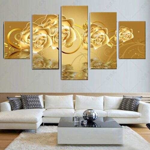 No Frame 5 Panel Modern Abstract Oil Painting Canvas Wall Art Print Modulnye Abstract Golden Rose For Living Room Decor W-32