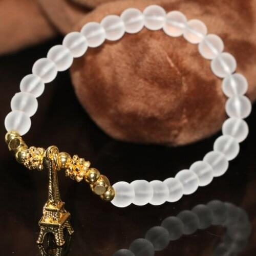 Paris Tower pendant bracelets new white frosted matte crystal 6mm round beads for women elegant charms jewelry 7.5inch B2140