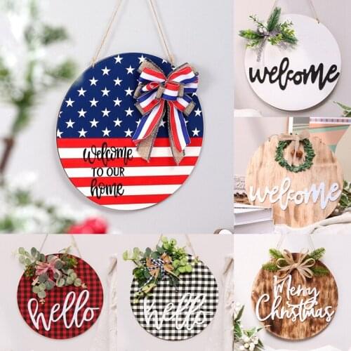 Welcome Sign Wreath Front Door Hanger with Bow 30CM Round Outdoor Hanging Vertical Sign Home Decoration