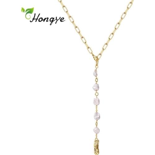 Hongye Gold Color Irregular Natural Freshwater Pearl Pendant Circle Chain Asymmetry For Women Girl Gifts Jewelry 2021 New