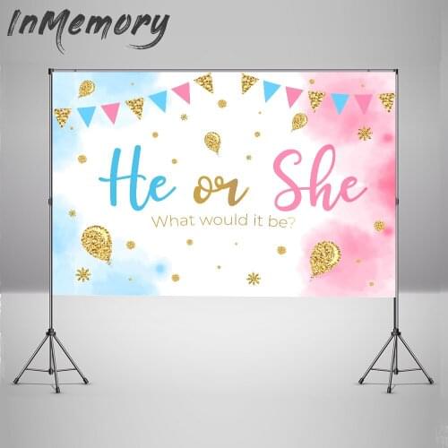 Custom Gender Reveal Party Photo Background Pink and Blue Flag He or She Birthday Backdrop for Photo Studio Vinyl