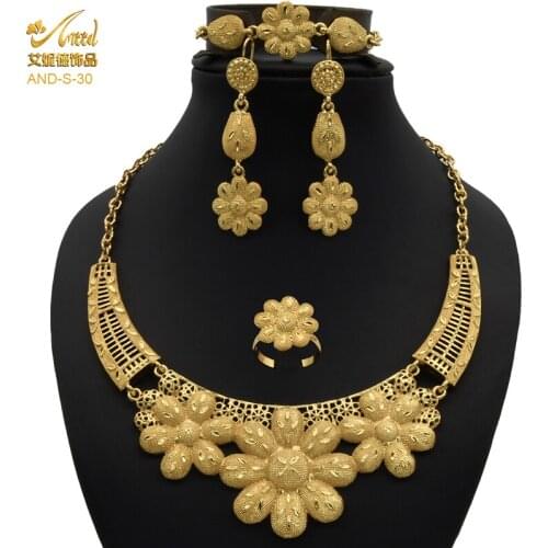 ANIID Jewelery Set Flower Necklace Wedding Bracelets Ring Romanian Fashion Earrings Bride Nigerian Dubai Gold Jewelry For Women