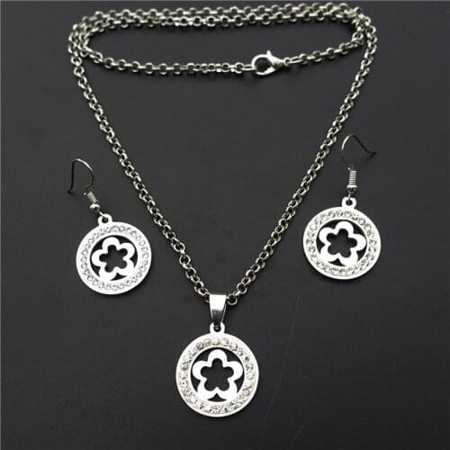 Wintersweet Stainless Steel Flower Jewelry Set Clay Inlaid Rhinestone Prunus Mume Necklace Flower Earrings For Women Girls