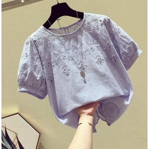 Lace Hollow Out Embroidery Solid Women Blouse Summer Sweet Style 2021 Lantern Sleeved Loose Female Pulls Outwear Tops