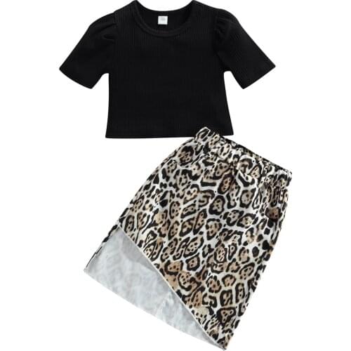 Citgeett Summer Kids Baby Girls Suit Set Solid Color Short Sleeve Tops+ Leopard Print Skirt Clothes 0-5Years