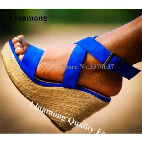 Linamong Elegant Open Toe High Platform Wedge Heel Sandals Blue Suede Leather Ankle Strap Buckle Height Increased Wedges Heels