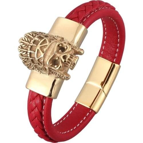 Trendy Red Braided Leather Bracelets Men Gold Indian Skull Stainless Steel Male Punk Wristband Party Jewelry Accessories PD0930